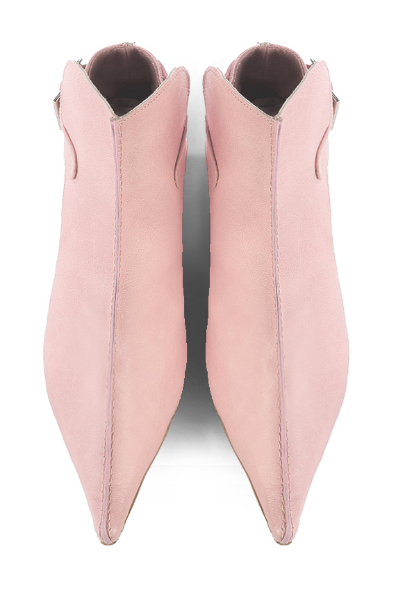 Light pink women's ankle boots with buckles at the back. Pointed toe. High spool heels. Top view - Florence KOOIJMAN